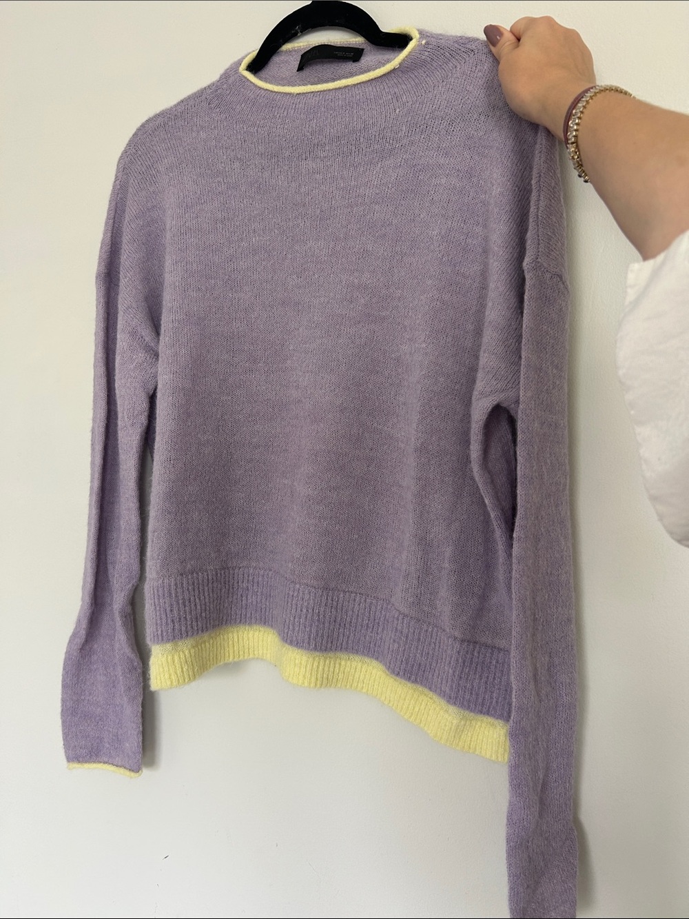 Zara women Lavender Crewneck Sweater with yellow Trim NWOT